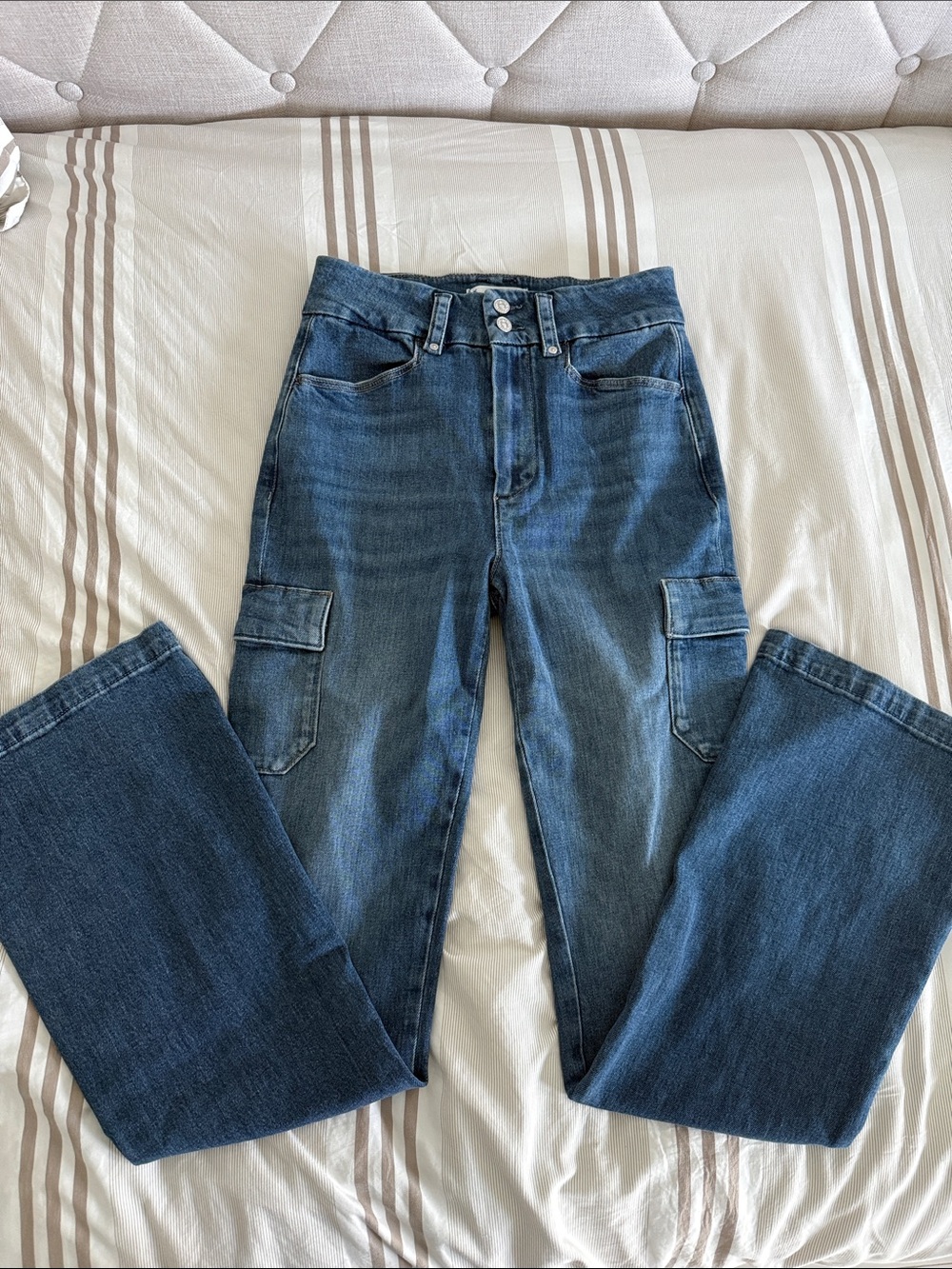 PAIGE True Blue High-Rise Slim Flare Cargo Jeans